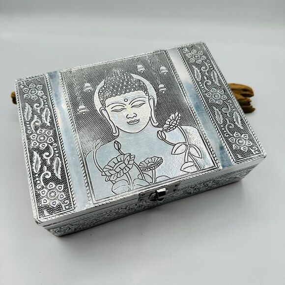 Buddha Embossed Aluminium Oxidized Jewellery Box - Picture 1 of 6
